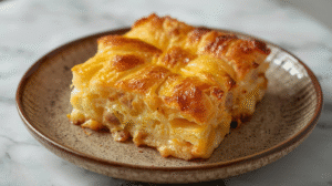 A savory croissant breakfast casserole with golden layers, garnished with herbs.