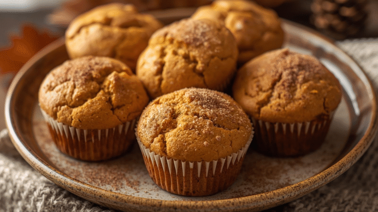 A plate of golden brown healthy pumpkin muffins with pumpkin spice.