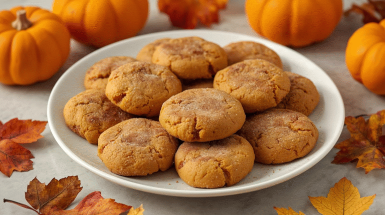A plate of soft pumpkin pie snickerdoodles dusted with cinnamon sugar, surrounded by autumn decorations.