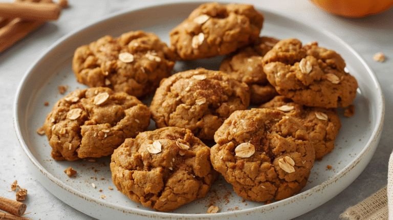 Chewy pumpkin oat cookies on a rustic plate, surrounded by autumn decorations.