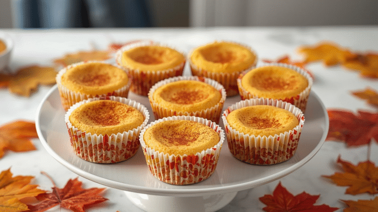 A tray of mini pumpkin cheesecakes with cinnamon topping, set in a cozy autumn-themed background.