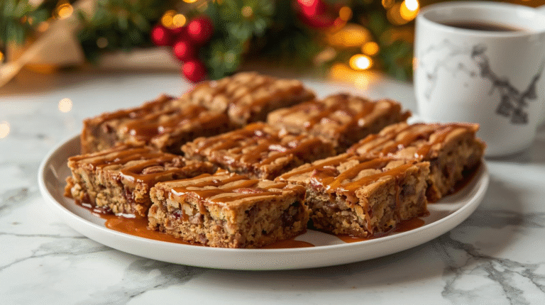 Brown Butter Maple Pecan Cookie Bars on a festive plate, drizzled with maple glaze and garnished with pecans.