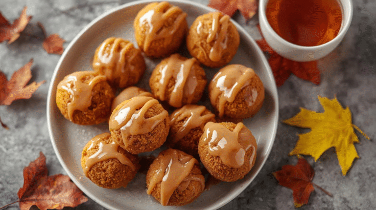 Healthy pumpkin donut holes with maple glaze on a rustic plate, surrounded by autumn leaves and a cup of tea.