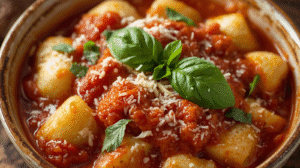 Homemade cottage cheese gnocchi served with marinara sauce and garnished with basil and Parmesan.