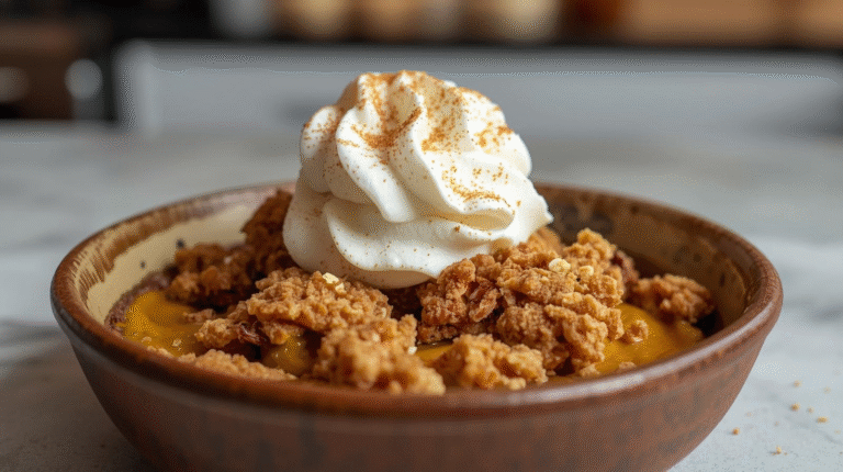 A delicious keto pumpkin crisp with a golden topping and creamy filling, garnished with whipped cream.