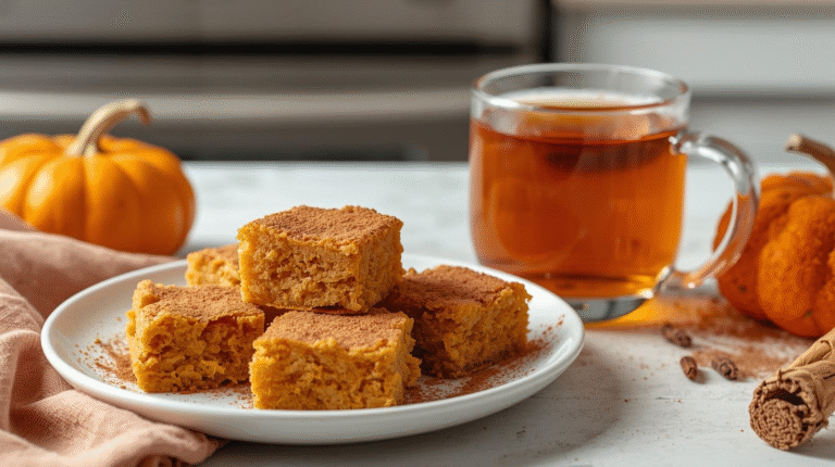 Healthy cottage cheese pumpkin cake bars on a plate with autumn decorations.