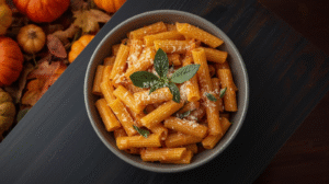 Savory pumpkin sage rigatoni in creamy sauce, garnished with sage and parmesan.