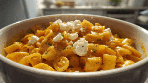A bowl of creamy pumpkin feta pasta garnished with parsley