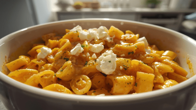 A bowl of creamy pumpkin feta pasta garnished with parsley