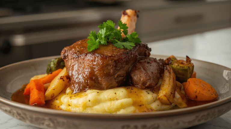 Tender apple cider braised pork shoulder served with mashed potatoes and roasted vegetables.