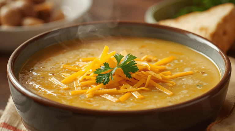 A bowl of creamy cheddar garlic herb potato soup garnished with cheese and parsley.