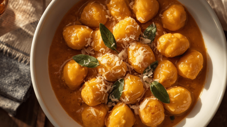 A bowl of creamy pumpkin gnocchi with Parmesan and sage, set in a cozy autumn setting.