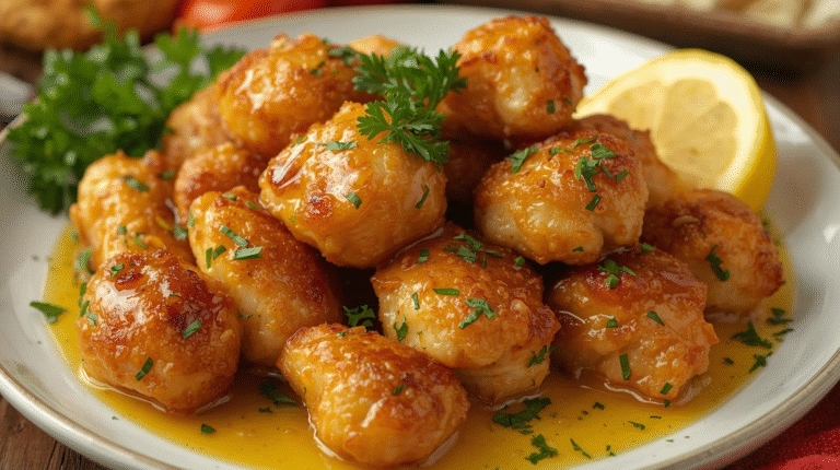 Crispy garlic butter chicken bites garnished with parsley and lemon.