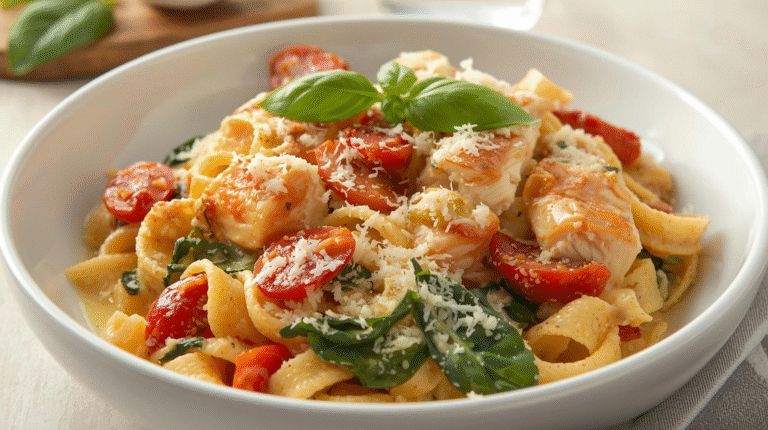 Creamy Tuscan chicken pasta with sun-dried tomatoes and spinach, garnished with Parmesan and basil.