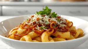 Cheesy French onion pasta with caramelized onions and melted cheese, garnished with parsley.