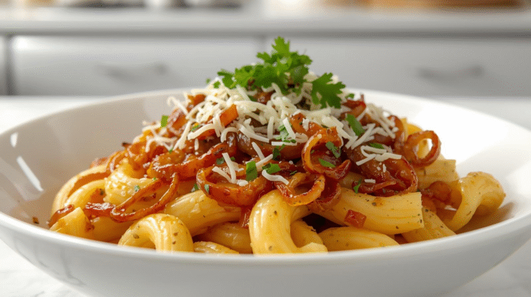 Cheesy French onion pasta with caramelized onions and melted cheese, garnished with parsley.
