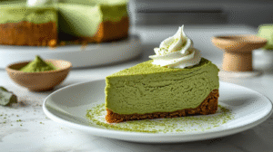A beautifully presented slice of creamy matcha cheesecake on a white plate, showcasing its vibrant green color and smooth texture.