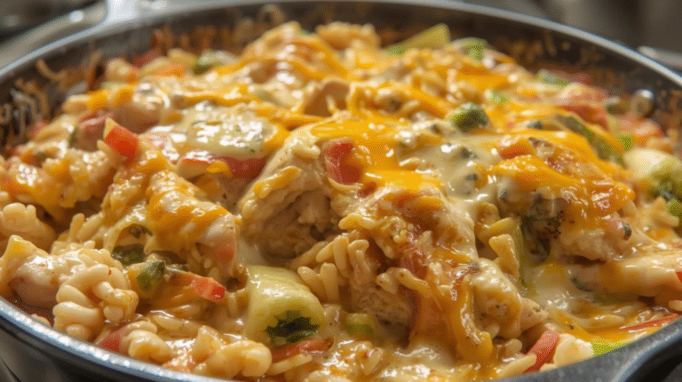 A cheesy ranch chicken and rice casserole with chicken, rice, and vegetables, topped with melted cheese in a baking dish.