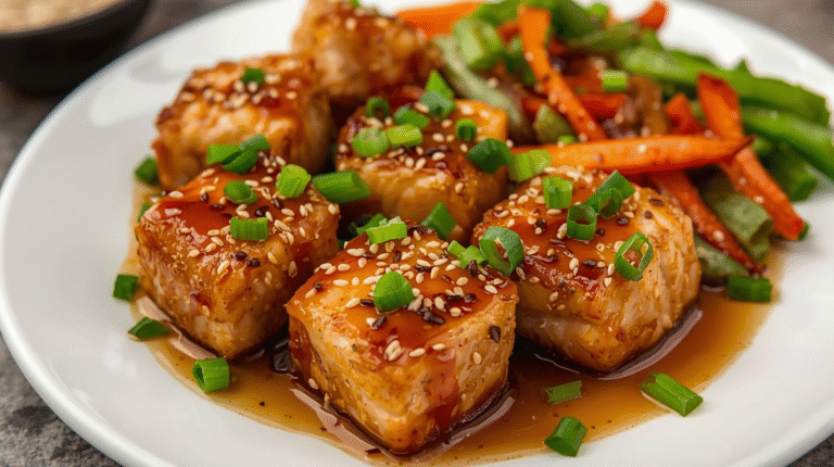 Honey garlic salmon bites garnished with green onions and sesame seeds on a white plate with vegetables.