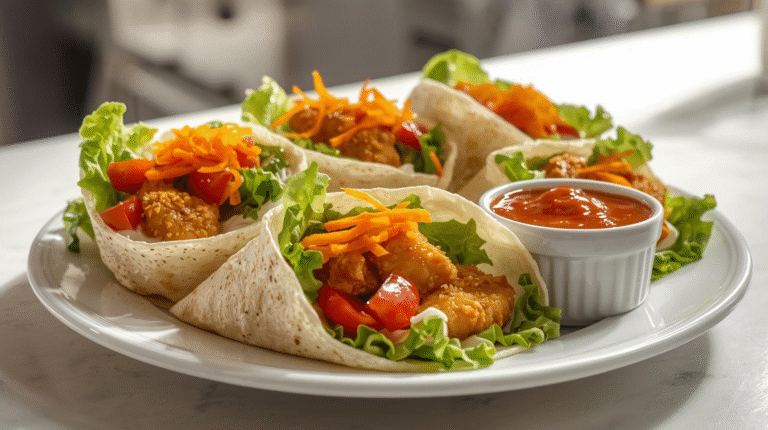 Delicious sweet chili chicken wraps with fresh vegetables.