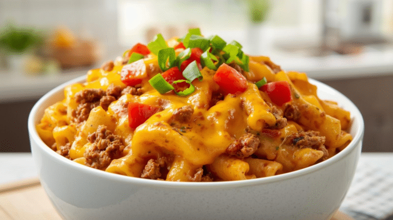 A bowl of cheesy taco pasta with ground beef and tomatoes, garnished with green onions.