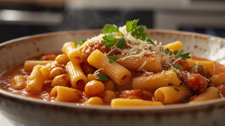 A comforting bowl of pasta e ceci with pasta and chickpeas in tomato broth, garnished with parsley and Parmesan cheese.