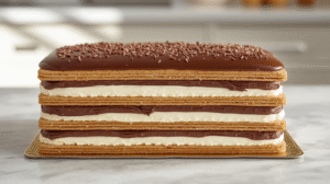 No-bake chocolate éclair cake with layers of graham crackers and creamy chocolate filling, topped with chocolate glaze.