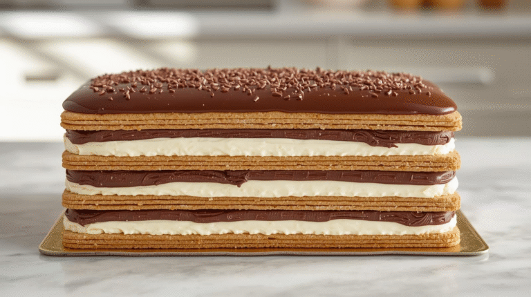 No-bake chocolate éclair cake with layers of graham crackers and creamy chocolate filling, topped with chocolate glaze.