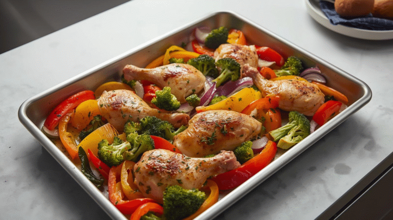 Sheet pan with roasted lemon herb chicken thighs and colorful vegetables, garnished with herbs.