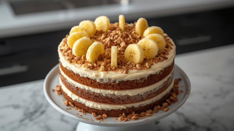 A moist hummingbird cake layered with cream cheese frosting and topped with nuts and fruits.