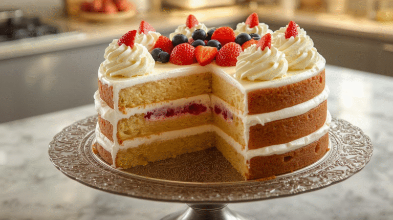 Tres leches cake topped with whipped cream and berries, showcasing its creamy layers and soaked sponge texture.