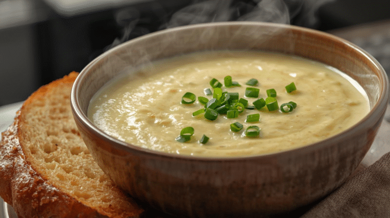 A bowl of creamy cauliflower garlic soup garnished with chives, served with crusty bread.