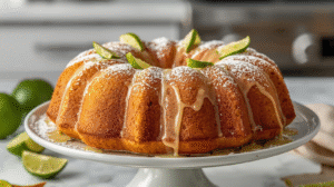A golden olive oil lime bundt cake garnished with lime slices and powdered sugar.