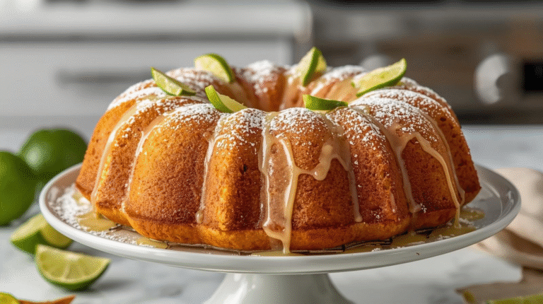 A golden olive oil lime bundt cake garnished with lime slices and powdered sugar.