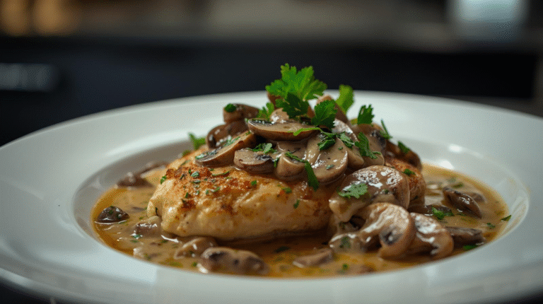 Garlic herb chicken with creamy mushroom sauce garnished with parsley.