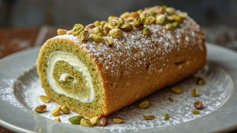 Pistachio Swiss roll cake with green filling, garnished with pistachios and powdered sugar, on an elegant plate.