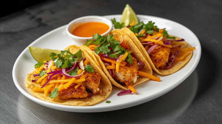 Crispy fish tacos with mango slaw on a wooden table, garnished with lime wedges and cilantro.