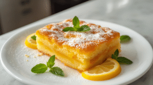 A slice of lemon dump cake with powdered sugar on a plate, garnished with lemon slices and mint.