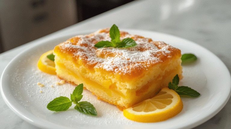 A slice of lemon dump cake with powdered sugar on a plate, garnished with lemon slices and mint.
