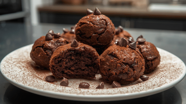 Fudgy high-protein brownie bites on a plate, garnished with cocoa powder and chocolate chips.