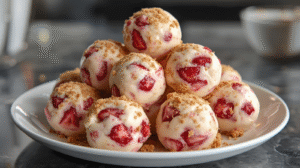 A plate of strawberry cheesecake protein balls dusted with graham crackers, surrounded by fresh strawberries.