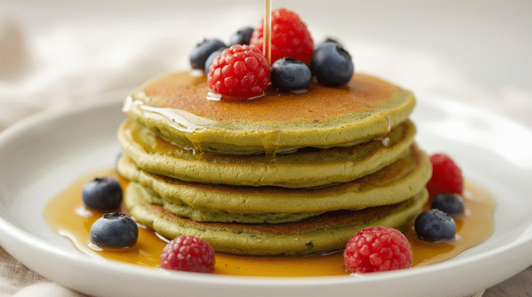 Fluffy matcha pancakes stacked high, topped with maple syrup and fresh berries, on a white plate.