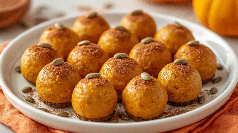 A plate of pumpkin cheesecake protein balls garnished with pumpkin seeds, set against an autumn-themed background.