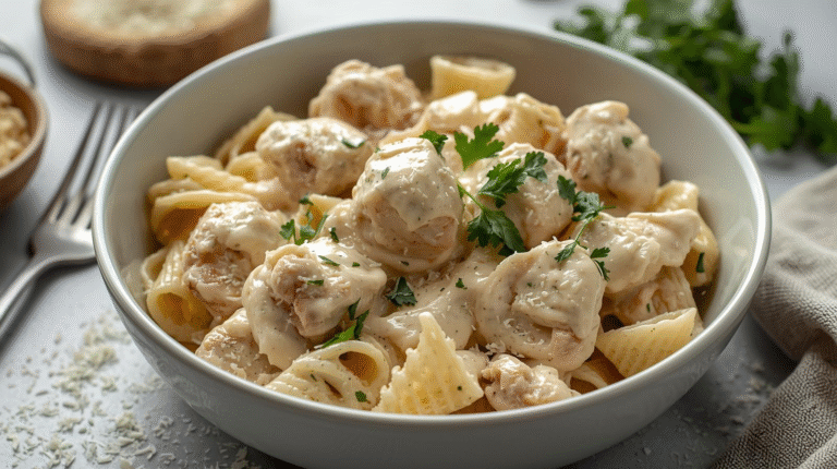 Creamy chicken pasta with Greek yogurt sauce and Parmesan, garnished with parsley.