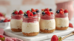 Four jars of no-bake creamy protein cheesecake topped with berries.