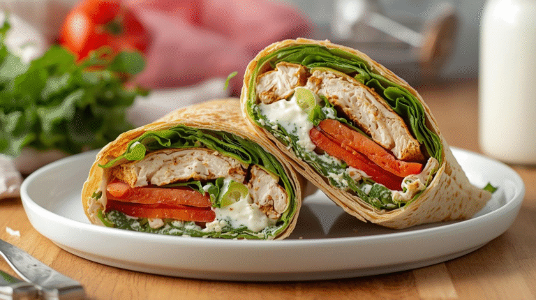 High-protein chicken Caesar wrap with grilled chicken, romaine lettuce, and Greek yogurt dressing, served on a cutting board with cherry tomatoes.