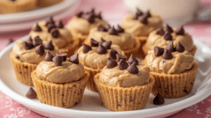 Delicious protein cookie dough cups filled with edible cookie dough and topped with chocolate chips.