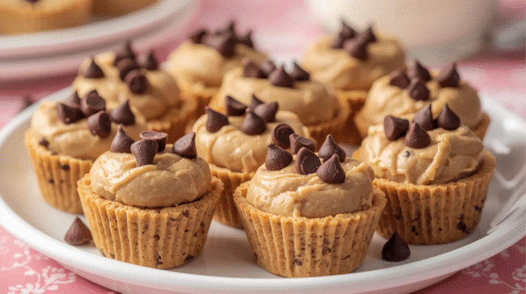Delicious protein cookie dough cups filled with edible cookie dough and topped with chocolate chips.