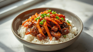 Honey garlic beef bowl with rice and vegetables, garnished with green onions and sesame seeds.