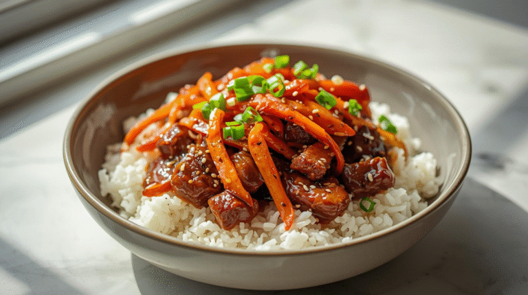 Honey garlic beef bowl with rice and vegetables, garnished with green onions and sesame seeds.